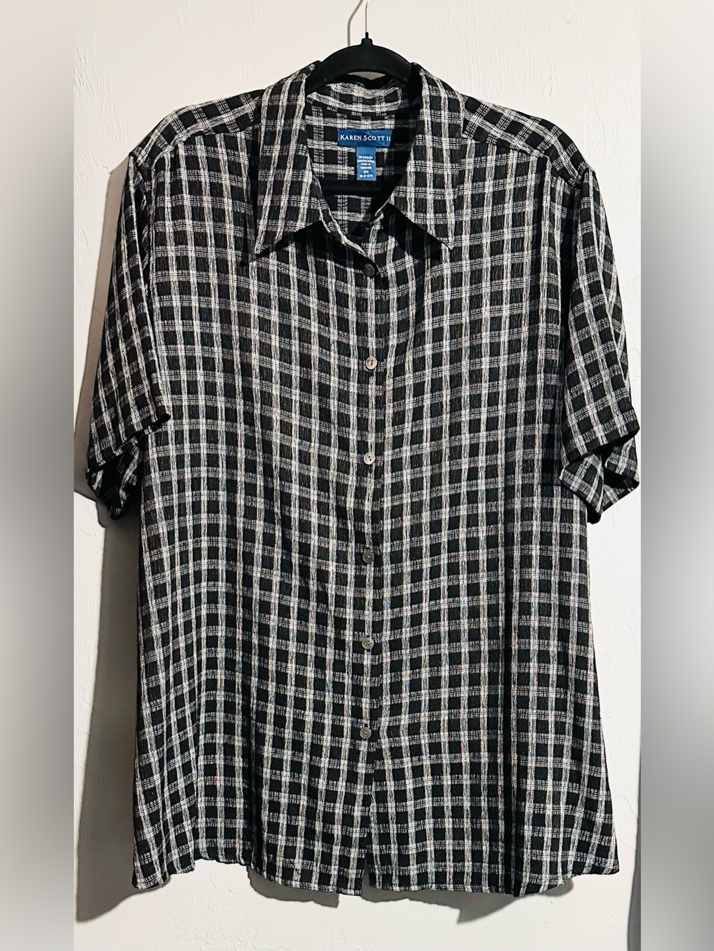 Karen Scott Black and White Gingham Plaid Short Sleeve Button-Up Shirt, 3X